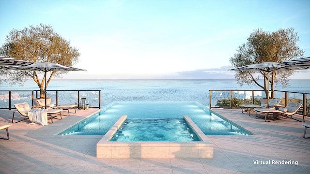 view of pool featuring an in ground hot tub, a water view, and a patio area