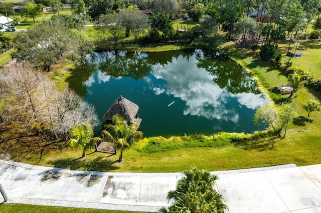 drone / aerial view with a water view