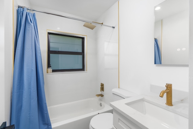 full bathroom with vanity, toilet, and shower / tub combo with curtain