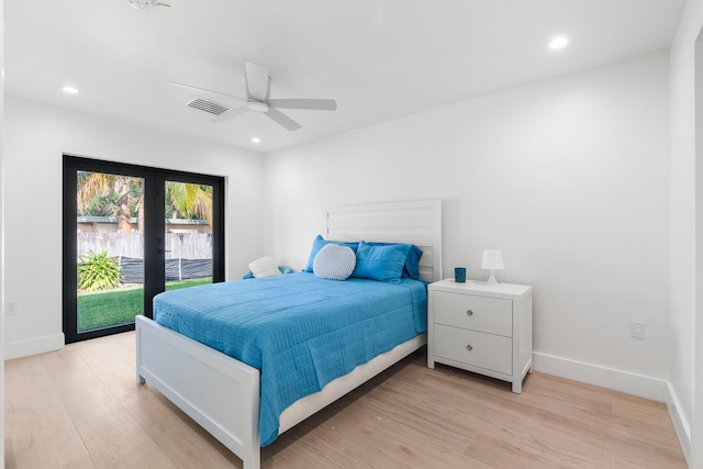 bedroom with access to outside, ceiling fan, and light hardwood / wood-style flooring