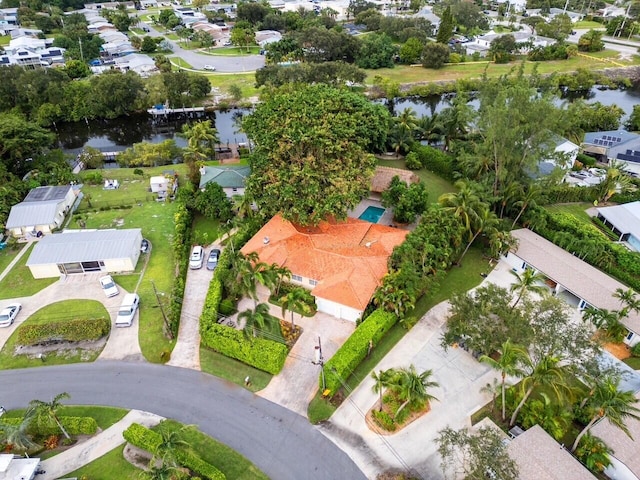 bird's eye view with a water view