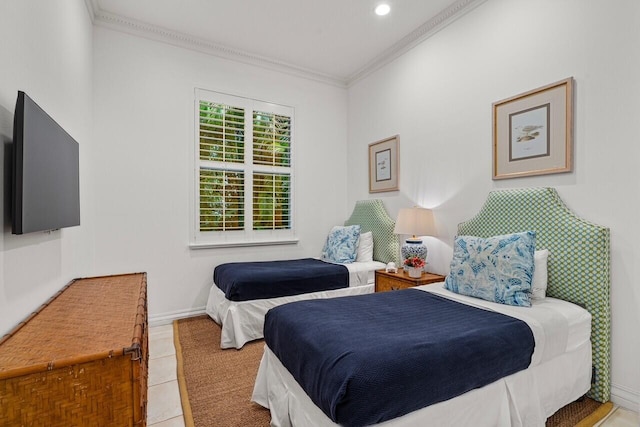 tiled bedroom with crown molding