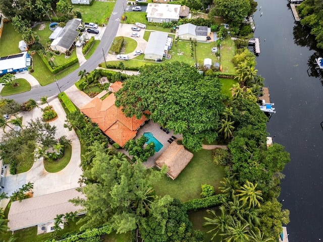 drone / aerial view with a water view