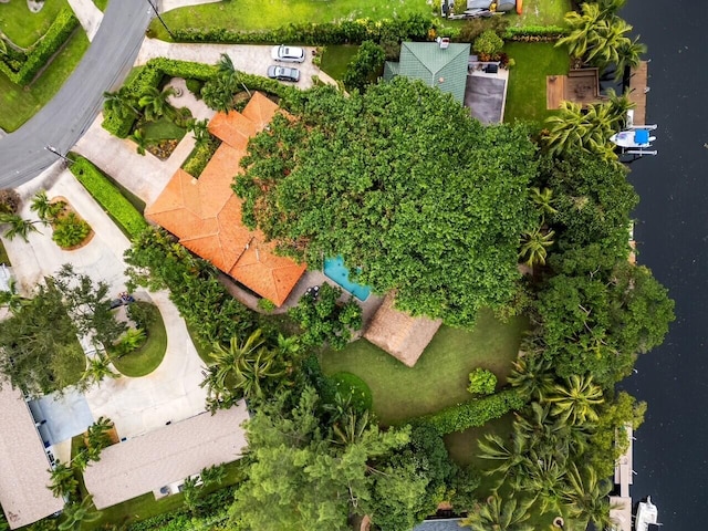 drone / aerial view featuring a water view