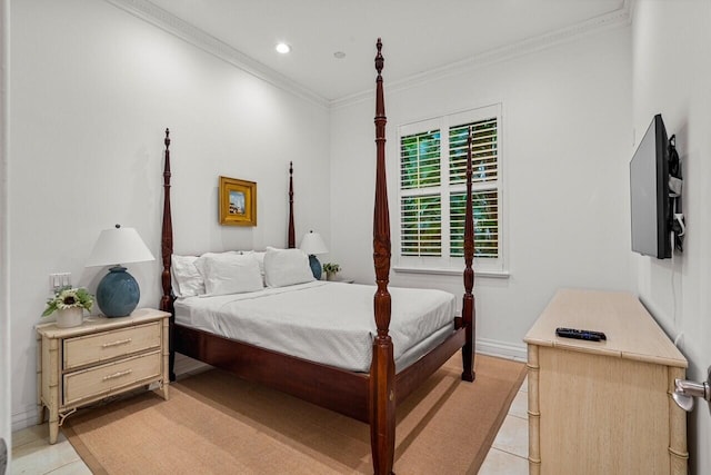 tiled bedroom featuring ornamental molding