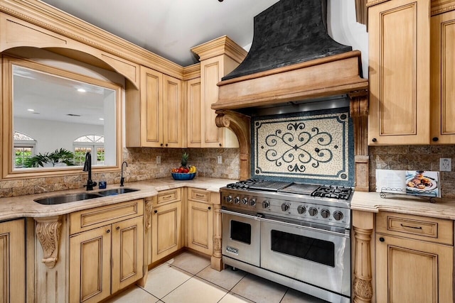 kitchen featuring custom exhaust hood, double oven range, sink, and decorative backsplash