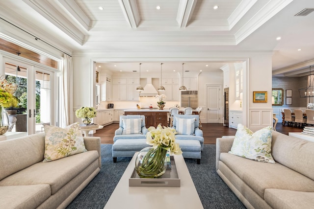 living room featuring beamed ceiling, ornamental molding, dark hardwood / wood-style flooring, and french doors