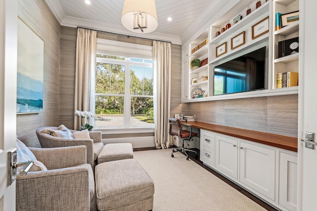 home office featuring wood ceiling, crown molding, and built in desk