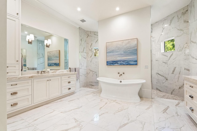 bathroom featuring crown molding, vanity, and independent shower and bath