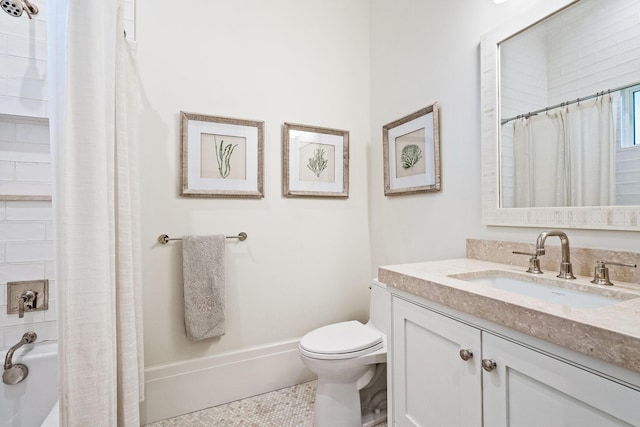 full bathroom with vanity, toilet, and shower / bathtub combination with curtain