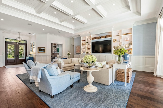 living room with beamed ceiling, coffered ceiling, dark wood-type flooring, and french doors