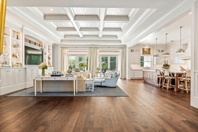 living room featuring sink, crown molding, beam ceiling, coffered ceiling, and dark hardwood / wood-style flooring