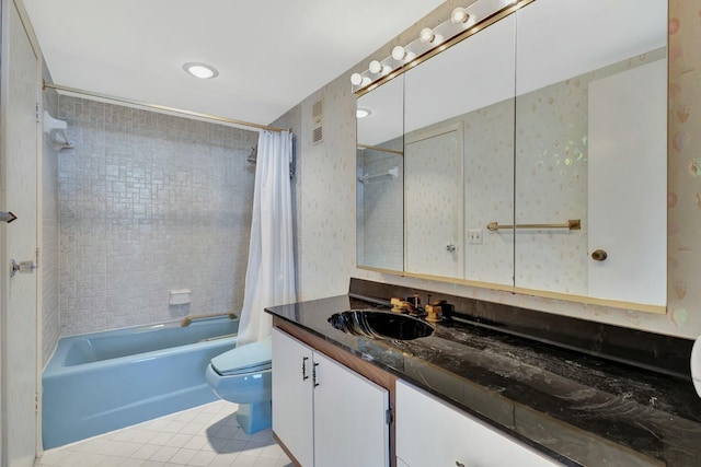 full bathroom featuring tile patterned flooring, vanity, shower / bath combination with curtain, and toilet