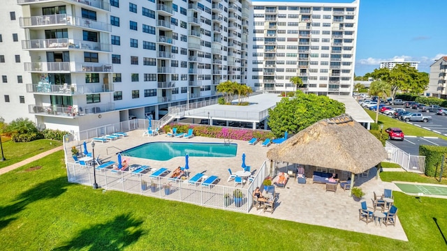 view of swimming pool featuring a gazebo, a yard, and a patio area