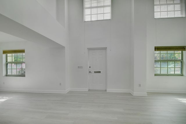 interior space featuring light hardwood / wood-style floors and a high ceiling