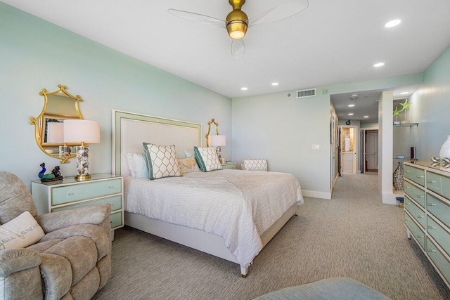 carpeted bedroom with ceiling fan