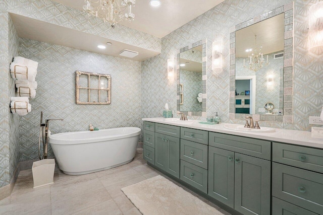 bathroom with double sink vanity, tile walls, tile flooring, and a chandelier