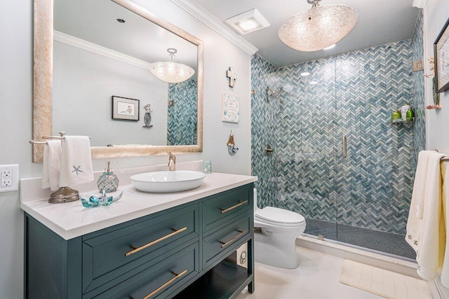 bathroom with toilet, vanity, walk in shower, crown molding, and tile flooring