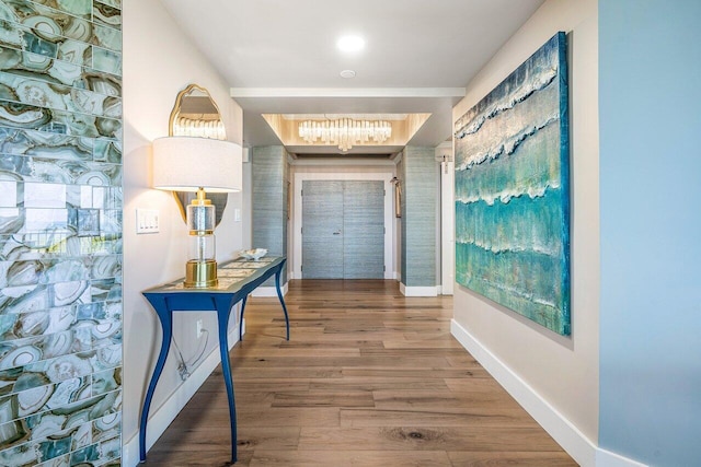 corridor featuring dark hardwood / wood-style floors and a tray ceiling