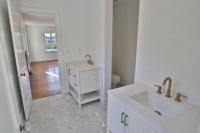 bathroom featuring toilet, vanity, and hardwood / wood-style floors