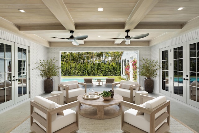 view of patio featuring french doors, an outdoor living space, a pool, and ceiling fan