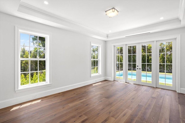 unfurnished room featuring a tray ceiling, a wealth of natural light, french doors, and dark wood-type flooring