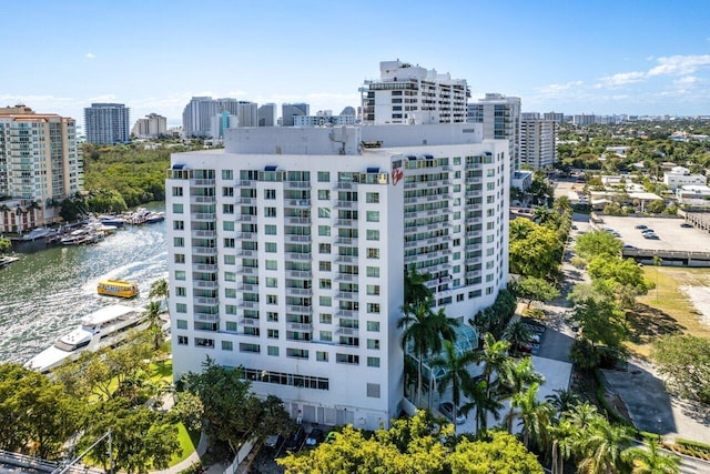 birds eye view of property featuring a water view