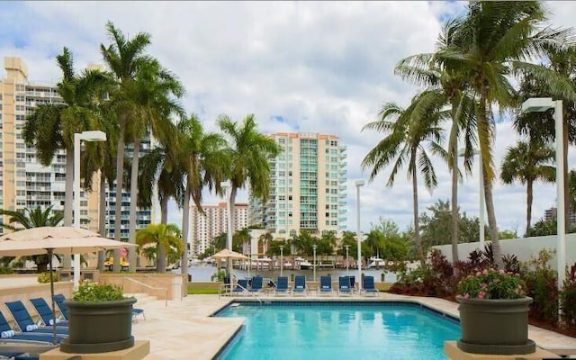 view of swimming pool with a patio