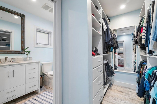 walk in closet featuring sink and light wood-type flooring