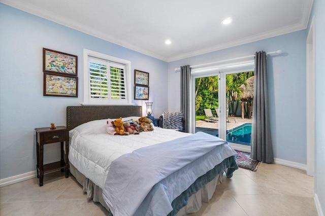 bedroom with crown molding, access to exterior, and multiple windows