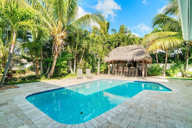 view of swimming pool featuring a patio area and a bar