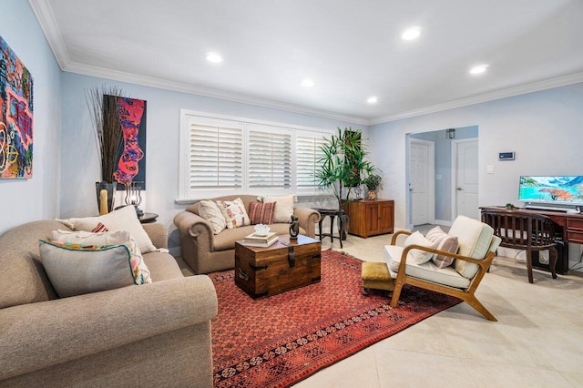 tiled living room featuring ornamental molding