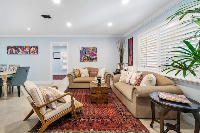 tiled living room featuring crown molding