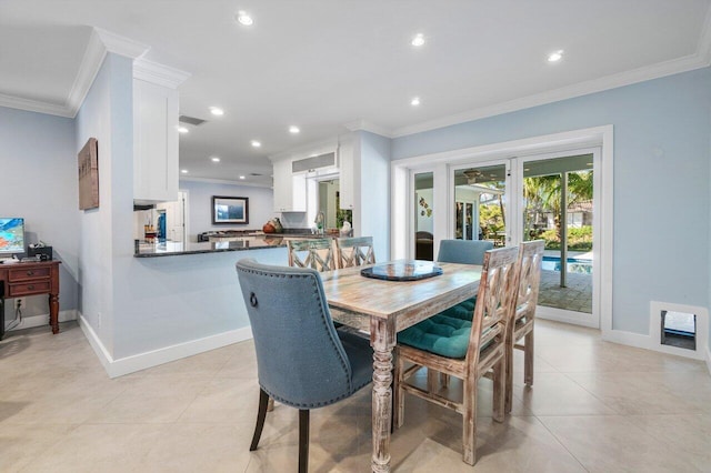 tiled dining space with ornamental molding