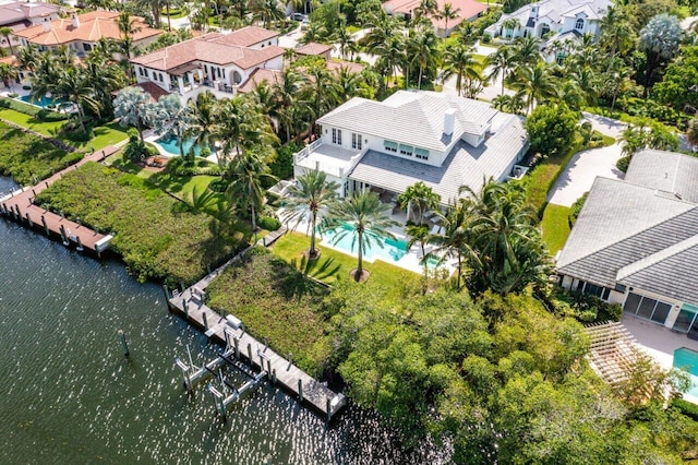 aerial view featuring a water view