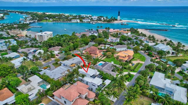 aerial view featuring a water view