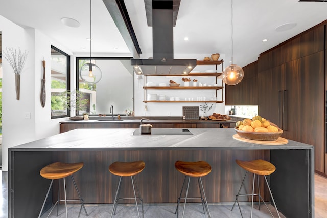 kitchen featuring island exhaust hood, a kitchen breakfast bar, a center island, and sink