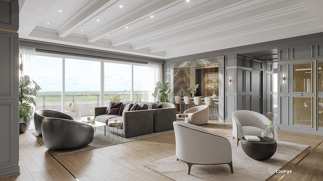 interior space with crown molding, light hardwood / wood-style floors, and beamed ceiling