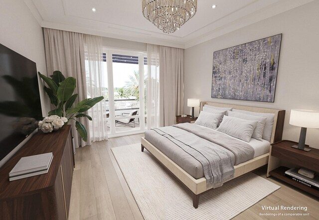 bedroom with ornamental molding, a chandelier, light hardwood / wood-style flooring, and access to exterior