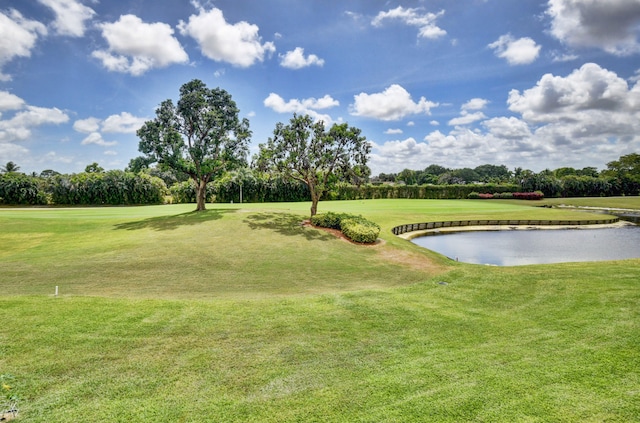 view of property's community with a water view and a yard