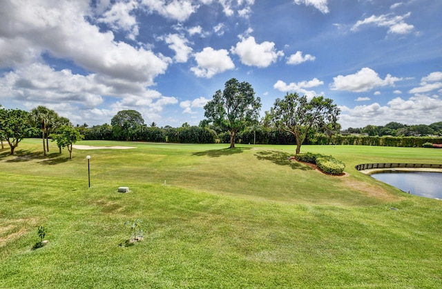 view of property's community featuring a water view and a lawn