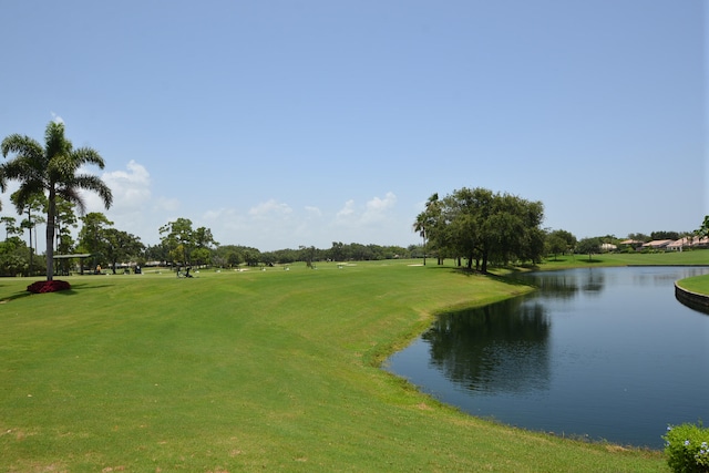 view of community with a water view and a lawn