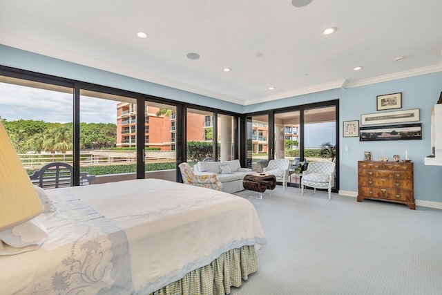 bedroom featuring carpet flooring, access to exterior, and ornamental molding