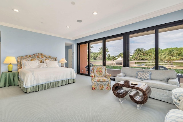 bedroom featuring ornamental molding, access to exterior, and light colored carpet