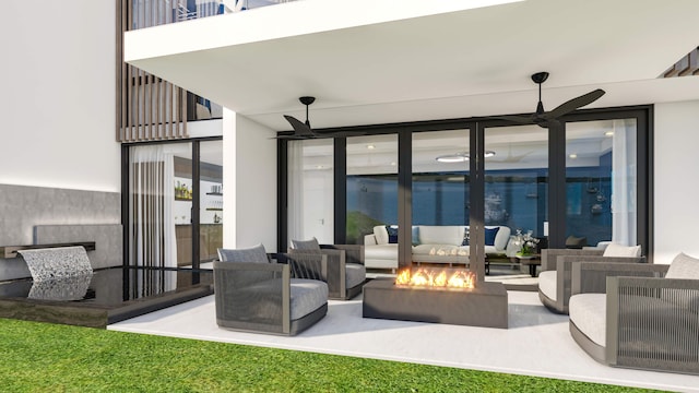 view of patio with a balcony, an outdoor living space, and ceiling fan