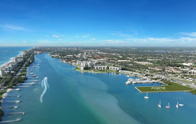 birds eye view of property featuring a water view