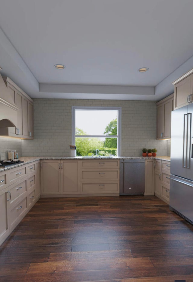 kitchen with dark hardwood / wood-style floors, sink, stainless steel appliances, premium range hood, and tasteful backsplash