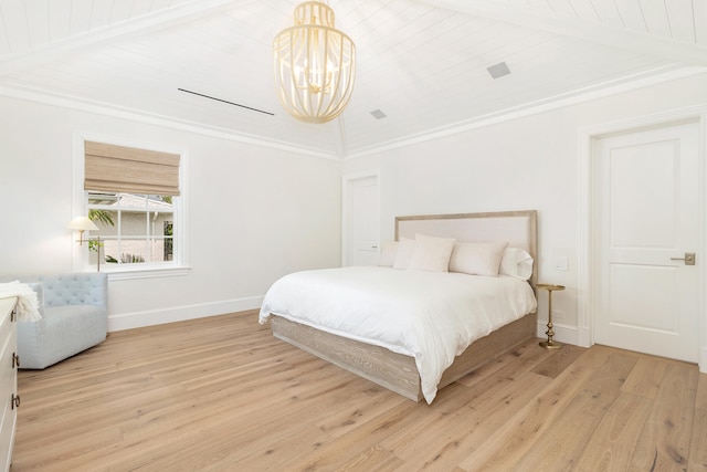 bedroom featuring wooden ceiling, an inviting chandelier, crown molding, and light hardwood / wood-style flooring