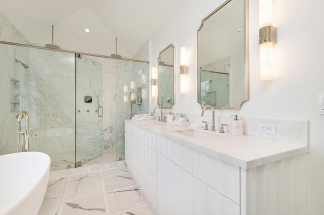 bathroom with double vanity, tile flooring, plus walk in shower, and vaulted ceiling