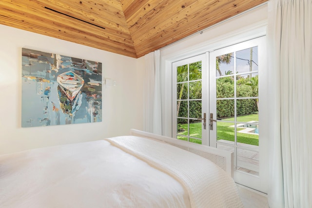 unfurnished bedroom with access to outside, wooden ceiling, french doors, and lofted ceiling